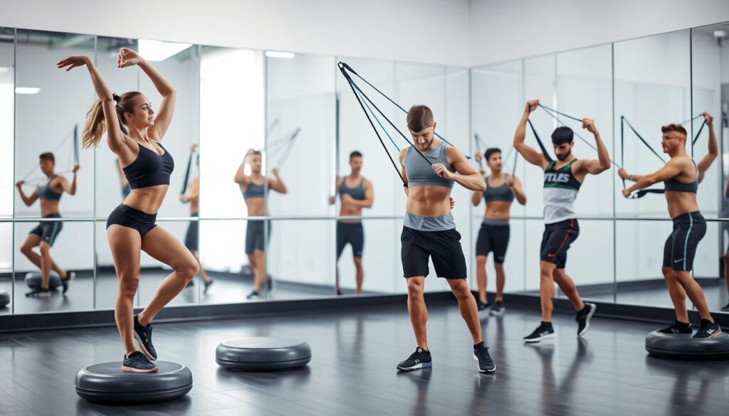 A brightly lit studio setting showcasing a group of athletes performing core stability and movement training exercises. In the foreground, a female athlete gracefully balances on a BOSU ball, her core engaged as she reaches her arms overhead. In the middle ground, two male athletes demonstrate controlled rotational movements with resistance bands, their bodies twisting with precision. The background features a wall of mirrors, reflecting the dynamic movements and providing a sense of depth and space. Soft, diffused lighting creates a clean, professional atmosphere, highlighting the athletes' muscular forms and the fluidity of their exercises. The overall scene conveys the importance of core strength, stability, and controlled movement for peak athletic performance.