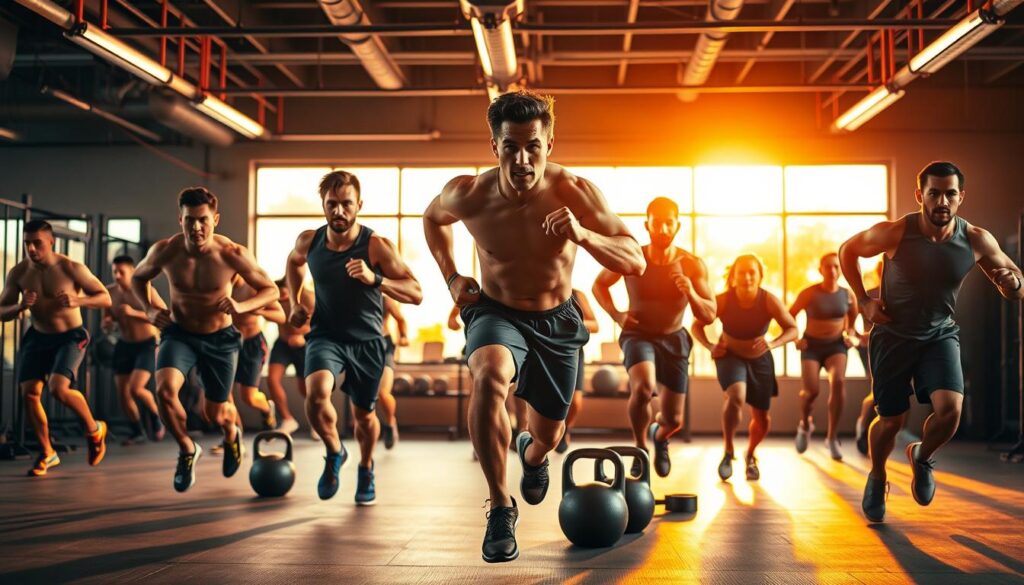 A dynamic group of muscular athletes performing high-intensity interval training exercises in a modern gym setting. Backlit by warm, directional lighting, the foreground features athletes in various states of movement - sprinting, jumping, lifting weights - with a focus on their powerful physiques and intense expressions. The middle ground includes training equipment like kettlebells, medicine balls, and resistance bands, while the background is blurred to emphasize the action. The overall mood is one of energy, focus, and determination, showcasing the athletic prowess required for HIIT cardio routines.