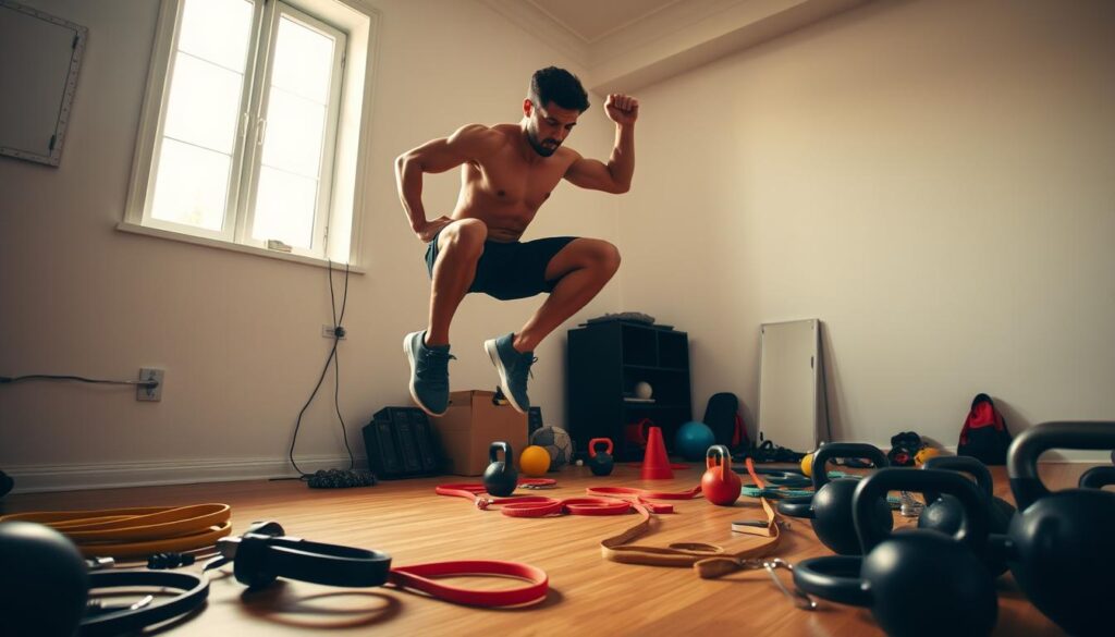A dynamic home gym scene, captured with a wide-angle lens. In the foreground, an athlete performs explosive jump training, muscles straining as they propel themselves powerfully off the floor. Surrounding them, a clutter of resistance bands, kettlebells, and other workout equipment - the tools of their trade. Warm, diffused lighting from windows bathes the scene, creating a sense of energy and purpose. The background features plain white walls, allowing the subject to take center stage. The overall mood is one of focus, determination, and the thrill of pushing physical limits, perfectly capturing the "At-Home vs. Gym Basketball Fitness" theme.