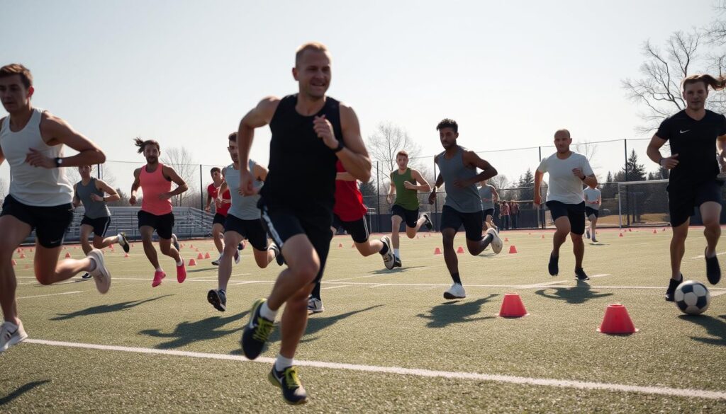 A dynamic sports field with athletes performing a variety of high-intensity cardio drills. In the foreground, a group of runners rapidly switching between high knees, butt kicks, and lateral shuffles, their bodies in fluid motion. In the middle ground, basketball players dribbling and sprinting through cones, building agility and endurance. In the background, soccer players passing a ball back and forth, their movements a blur. Bright sunlight illuminates the scene, casting long shadows and highlighting the muscular exertion of the athletes. The overall atmosphere conveys the cardiovascular benefits and energy-boosting nature of incorporating sports-inspired drills into a fitness routine.