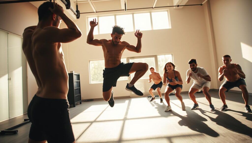 A dynamic sports-inspired workout progression sequence, shot with a wide-angle lens in a bright, airy gym setting. In the foreground, a muscular athlete performs a challenging pull-up variation, their body silhouetted against a backdrop of light. In the middle ground, a fitness enthusiast executes a demanding plyometric jump, energy radiating from their figure. In the background, a group of determined individuals tackle a set of burpees, their expressions focused and resolute. Warm, natural lighting illuminates the scene, casting long shadows and infusing the image with a sense of vitality and determination. The overall atmosphere conveys the thrill of pushing one's physical limits and the rewards of consistent, progressive training.