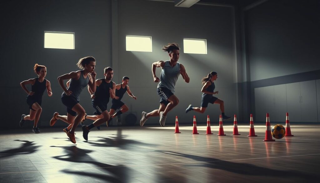 A dynamic sports scene showcasing multiple athletes engaged in high-intensity cardio drills. The foreground features a group of runners sprinting across a well-lit indoor court, their bodies tense with effort as they push through the interval. In the middle ground, a basketball player performs plyometric jumps, their powerful leg muscles propelling them skyward. In the background, a soccer player dribbles the ball quickly through a series of cones, weaving with agility and speed. Dramatic chiaroscuro lighting casts dramatic shadows, emphasizing the athletes' defined musculature and the intensity of their movements. The overall atmosphere is one of athletic excellence and the pursuit of peak physical conditioning.