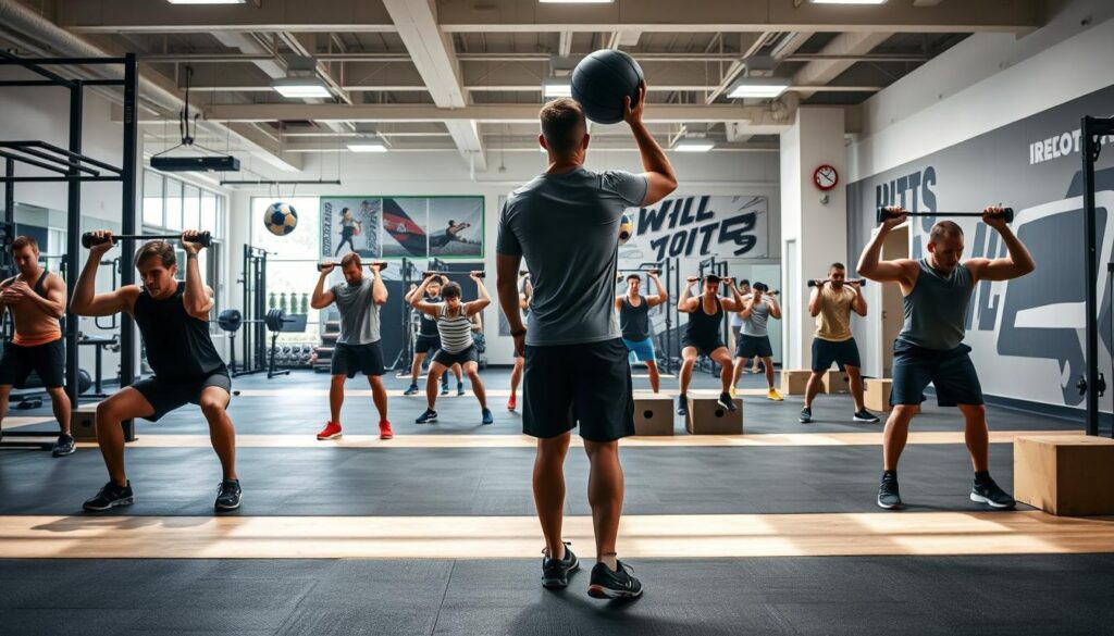 A group of athletes performing a variety of dynamic, compound exercises in a well-equipped gym. The foreground features individuals executing weighted squats, pull-ups, and explosive push-ups with perfect form under the watchful eye of a personal trainer. The middle ground showcases athletes rotating between stations, engaging core muscles with medicine ball tosses and plyometric box jumps. The background depicts a spacious, well-lit gym interior with high ceilings, modern equipment, and motivational wall graphics. The overall mood is focused, energetic, and aspirational, capturing the essence of athletic development training.