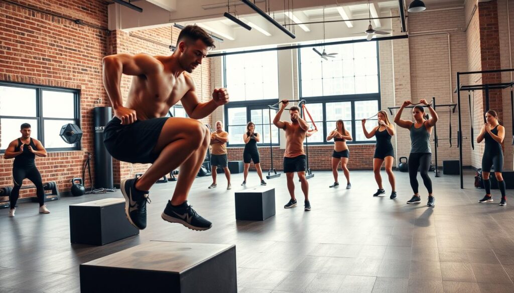 A high-intensity functional training session in a modern fitness studio. In the foreground, an athlete performing a dynamic plyometric exercise like box jumps, their muscular physique showcased under warm, directional lighting. In the middle ground, other athletes engage in a variety of exercises like kettlebell swings, battle ropes, and resistance band work, all designed to develop explosive power and full-body strength. The background features a minimalist gym interior with exposed brick walls, high ceilings, and large windows allowing natural light to flood the space, creating an energetic and motivational atmosphere.