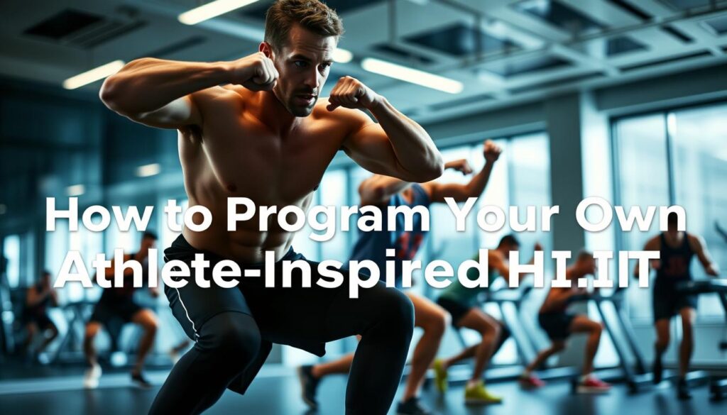 A high-intensity interval training (HIIT) session inspired by elite athletes, captured in a dynamic and energetic composition. The foreground features a muscular male athlete performing a variety of explosive exercises, such as burpees, jumping jacks, and squat thrusts, against a blurred background of a sleek, modern gym. The lighting is sharp and contrasty, accentuating the athlete's defined musculature and the intensity of the workout. The camera angle is slightly elevated, creating a sense of power and determination. The overall mood is one of focus, intensity, and the pursuit of peak physical performance, reflecting the "How to Program Your Own Athlete-Inspired HIIT" section of the article.