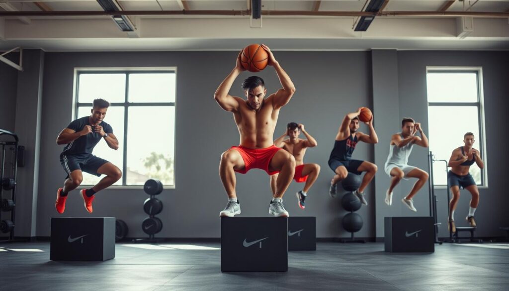 A high-intensity plyometric workout scene in a modern fitness studio. Muscular athletes performing dynamic jump squats, box jumps, and medicine ball slams against a backdrop of sleek gray walls and equipment. Bright, evenly-diffused natural lighting from large windows casts a crisp, energetic glow. The composition captures the explosive power and athleticism of the exercises, conveying the physical demands and benefits of plyometric training for improved basketball performance and overall fitness.