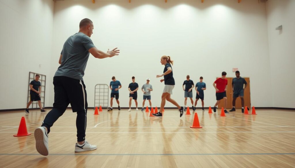 A well-lit, dynamic indoor sports court with hardwood flooring and bright, diffused lighting. In the foreground, a person demonstrating a variety of agility drills, such as quick side-to-side steps, ladder drills, and cone weaving, all captured from an angled perspective to showcase their footwork and agility. The middle ground features a group of athletes mimicking the drills, their movements frozen in time, while the background depicts a minimal, clean gymnasium setting with just the essentials, allowing the focus to remain on the agility training techniques.