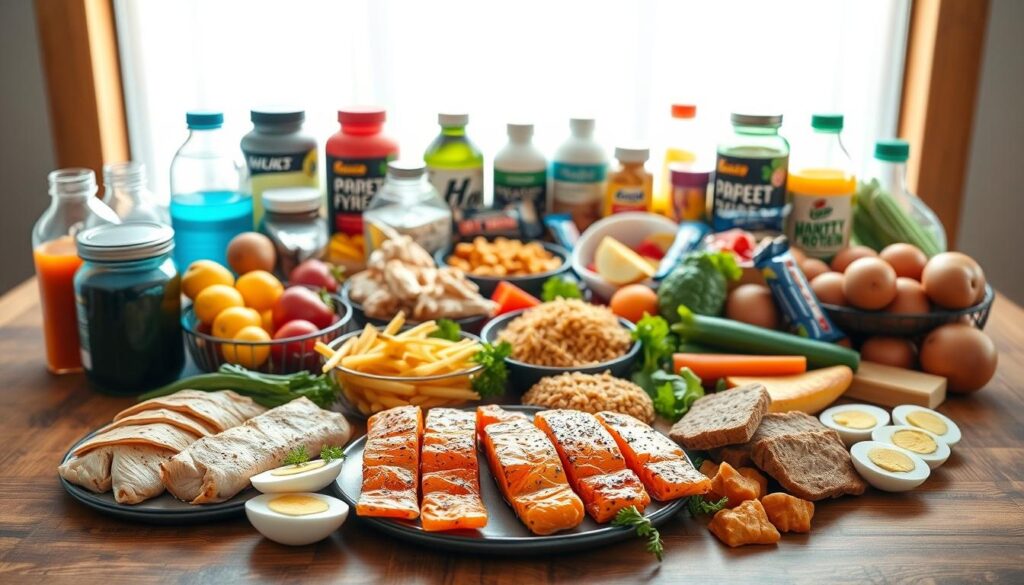 A well-lit, high-quality photograph of a balanced sports nutrition spread on a wooden table. In the foreground, a variety of protein-rich foods such as grilled chicken, salmon fillets, and hard-boiled eggs are arranged neatly. The middle ground features carbohydrate sources like whole-grain pasta, brown rice, and sweet potatoes, alongside fresh fruits and vegetables. In the background, a selection of sports hydration drinks, supplements, and recovery snacks like protein bars create a comprehensive "sports diet" setup. The lighting is soft and natural, accentuating the vibrant colors and textures of the foods. The overall composition conveys a sense of healthy, performance-oriented nourishment.