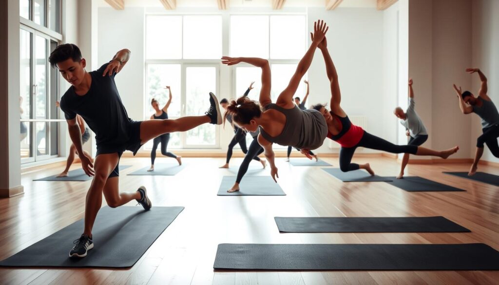 A well-lit, high-resolution image of a group of athletes performing various sport-specific flexibility exercises on a yoga mat in a bright, airy studio. The foreground shows two individuals, one male and one female, in a dynamic, full-body stretch pose. The middle ground features several other athletes in various stages of stretching, twisting, and reaching. The background showcases the studio's clean, minimalist design with large windows allowing natural light to flood the space. The overall mood is one of focused, intentional movement and recovery, capturing the essence of tennis-inspired fitness routines.