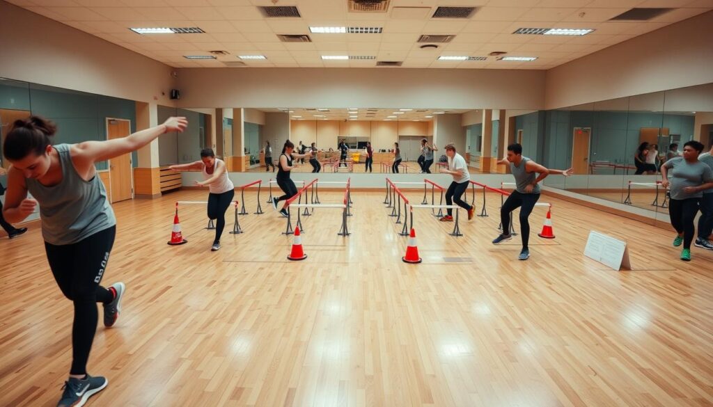 A well-lit indoor gym with a hardwood floor. In the foreground, a group of athletes performing dynamic stretches and agility drills, their bodies in motion captured with a medium-wide angle lens. In the middle ground, a series of cones, hurdles, and other sports equipment arranged in a circuit pattern. The background features a mirrored wall, casting reflections that add depth and a sense of spaciousness. The overall atmosphere is one of focused intensity, conveying the rigors of a cardio-based sports drill session.