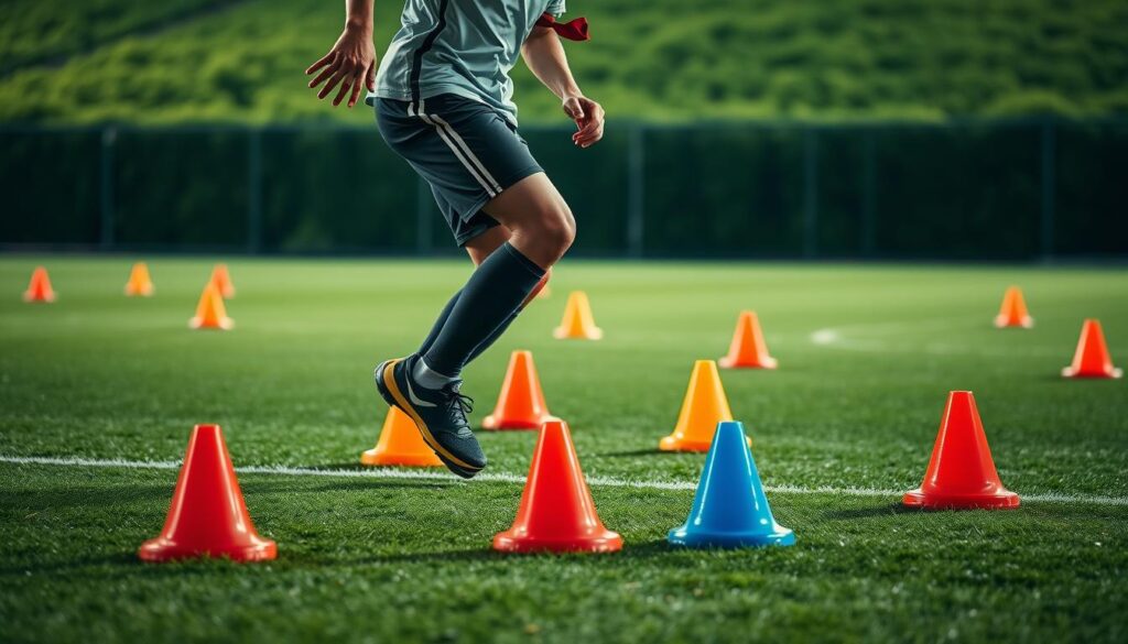 A well-lit soccer field with several colorful agility cones scattered across the grass. In the foreground, an athlete in sportswear performs dynamic lateral movements, weaving through the cones with precision and speed. Scattered cones create a sense of depth, with the background fading into a blurred green expanse. Crisp, high-contrast lighting illuminates the scene, casting sharp shadows and highlighting the athlete's form. The overall atmosphere conveys a sense of focused training, cardio intensity, and athletic prowess.