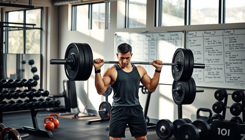 An advanced athlete performing periodized training in a modern gym. In the foreground, a muscular weightlifter in athletic apparel executes a heavy barbell clean and jerk. Surrounding them, resistance training equipment such as dumbbells, kettlebells, and weight plates. Overhead, natural daylight streams in through large windows, casting a warm glow. In the background, a whiteboard displays a detailed training program with various phases and cycles. The scene conveys the dedication, precision, and science-based approach of elite athletic performance training. An advanced athlete performing periodized training in a modern gym. In the foreground, a muscular weightlifter in athletic apparel executes a heavy barbell clean and jerk. Surrounding them, resistance training equipment such as dumbbells, kettlebells, and weight plates. Overhead, natural daylight streams in through large windows, casting a warm glow. In the background, a whiteboard displays a detailed training program with various phases and cycles. The scene conveys the dedication, precision, and science-based approach of elite athletic performance training.