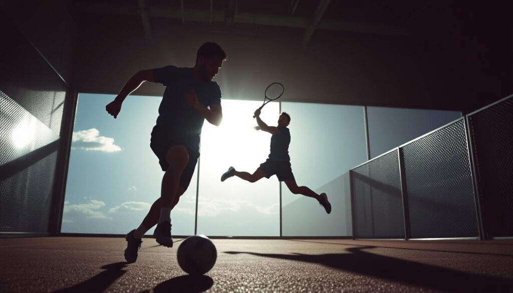 Athlete-inspired HIIT workouts: A dynamic scene of three athletes engaged in intense, high-intensity interval training. In the foreground, a soccer player sprints, ball at their feet, muscles rippling. Behind them, a basketball player jumps to sink a shot, their form silhouetted against a bright sky. In the middle ground, a tennis player lunges for a shot, racket poised to strike. Dramatic lighting casts long shadows, conveying the power and urgency of the movements. The overall atmosphere is one of athletic prowess, energy, and a sense of challenge being met head-on.