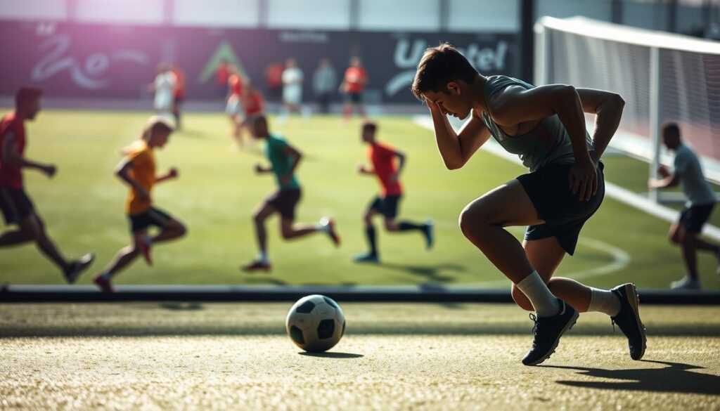 Prompt A dynamic HIIT workout scene inspired by the fast-paced action of soccer. In the foreground, a person performs high-intensity exercises like burpees, squat jumps, and mountain climbers, their body language conveying explosive power and cardio endurance. In the middle ground, a soccer ball is positioned, subtly referencing the sport's influence. The background features a blurred, energetic soccer match, players dashing across the field, creating a sense of movement and athleticism. The lighting is bright and crisp, casting dramatic shadows that accentuate the muscular forms. The overall atmosphere is one of cardiovascular intensity, agility, and the fusion of soccer training and functional fitness.