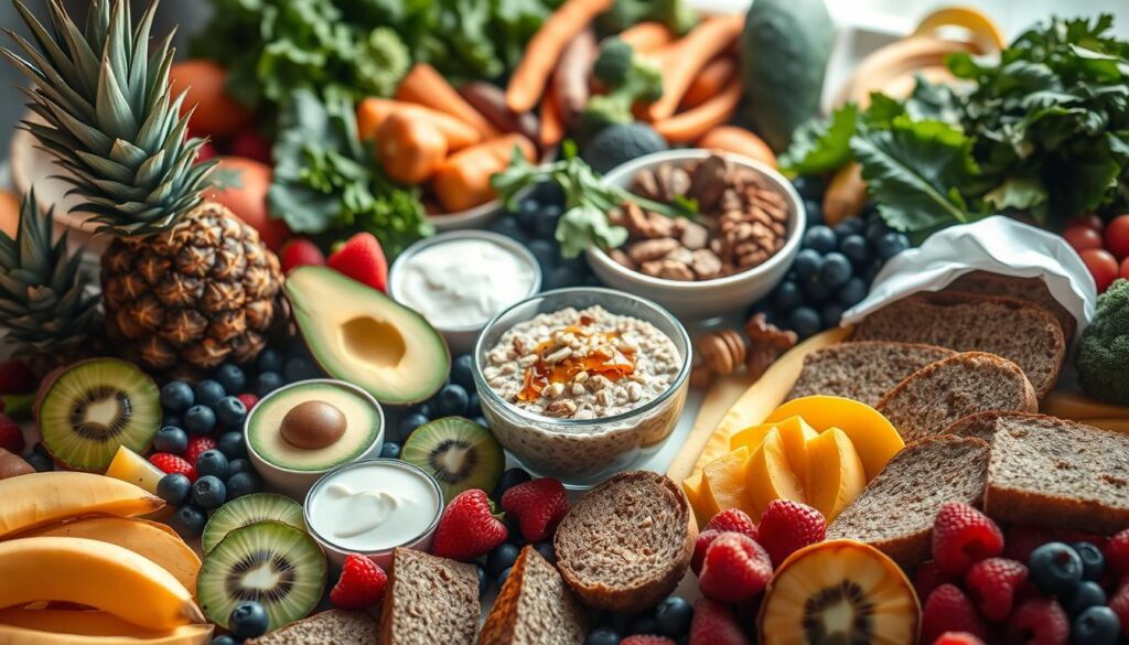 A bountiful table overflows with a vibrant array of muscle recovery foods. In the foreground, juicy fruits such as pineapple, kiwi, and berries are arranged artfully. Surrounded by them are hearty servings of Greek yogurt, avocado, and whole grain bread. In the middle ground, a steaming bowl of oatmeal is garnished with nuts and drizzled honey. In the background, leafy greens and colorful vegetables like sweet potatoes and broccoli create a balanced, nutritious scene. Soft, diffused lighting illuminates the scene, casting a warm, inviting glow. The overall mood is one of nourishment, vitality, and the essential ingredients for active recovery. A bountiful table overflows with a vibrant array of muscle recovery foods. In the foreground, juicy fruits such as pineapple, kiwi, and berries are arranged artfully. Surrounded by them are hearty servings of Greek yogurt, avocado, and whole grain bread. In the middle ground, a steaming bowl of oatmeal is garnished with nuts and drizzled honey. In the background, leafy greens and colorful vegetables like sweet potatoes and broccoli create a balanced, nutritious scene. Soft, diffused lighting illuminates the scene, casting a warm, inviting glow. The overall mood is one of nourishment, vitality, and the essential ingredients for active recovery.