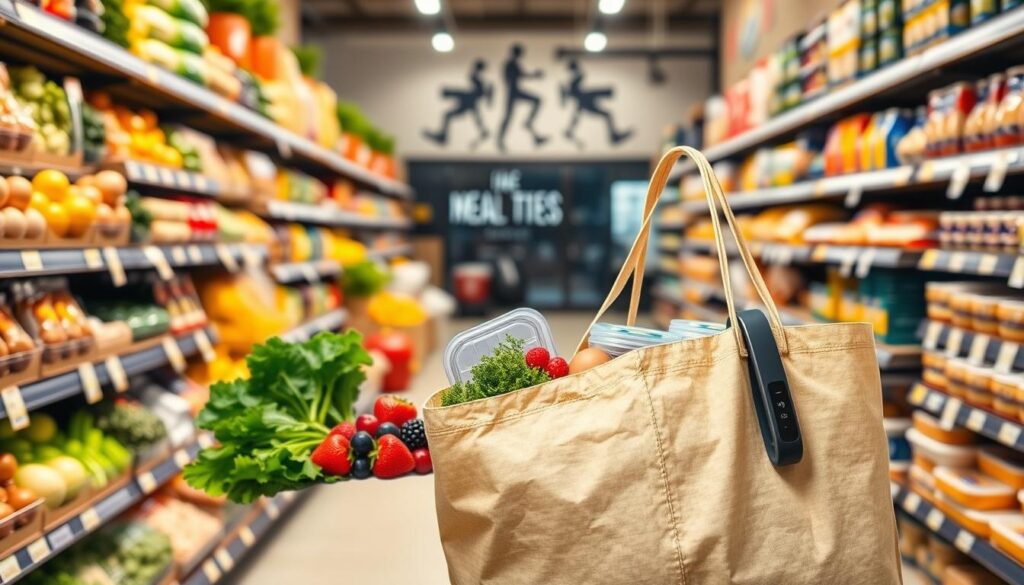 A brightly lit grocery store aisle, shelves stocked with a variety of fresh produce, whole grains, lean proteins, and healthy snacks. In the foreground, a reusable shopping bag filled with essential ingredients for a balanced sports diet plan - leafy greens, berries, eggs, chicken breasts, and quinoa. The middle ground showcases meal prep containers and a fitness tracker, hinting at the organization and tracking necessary for an effective athletic nutrition strategy. The background features motivational sports equipment, conveying the active lifestyle of the fitness enthusiast. Warm, natural lighting and a clean, organized aesthetic set an inspiring tone for healthy grocery shopping.