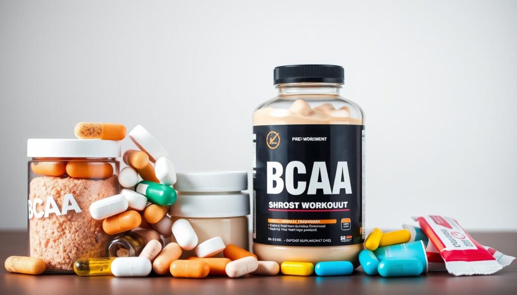 A close-up photograph of two complementary stacks of various BCAA supplements, one for pre-workout and one for post-workout, set against a clean, minimalist background. The pre-workout stack includes powder-filled capsules and tablets in a variety of colors, while the post-workout stack features a protein shake in a transparent bottle alongside additional supplement tablets. Soft, directional lighting highlights the textures and details of the products, creating a clean, professional aesthetic suitable for an article on sports nutrition. The image conveys the importance of strategic BCAA supplementation to support muscle recovery and performance.