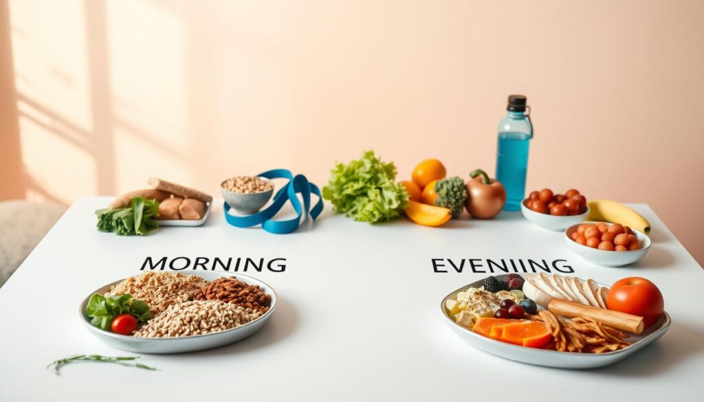 A neatly organized morning and evening meal plan displayed on a clean, minimalist table against a soft, warm-toned background. The foreground showcases a variety of healthy, athlete-friendly foods such as whole grains, lean proteins, fresh fruits, and vibrant vegetables, arranged in an appetizing manner. The middle ground includes workout equipment like resistance bands and a water bottle, subtly hinting at the connection between nutrition and exercise. The background features a serene, natural setting with gentle lighting, conveying a sense of balance and wellness. The overall scene reflects the specialized dietary needs and routines of athletes engaged in morning and evening workouts.