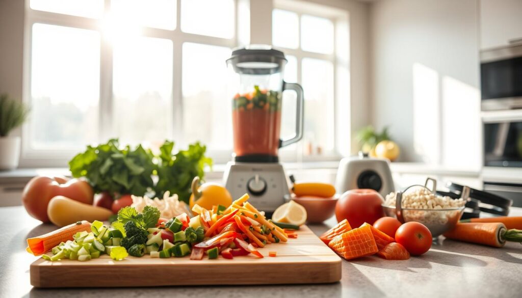 A sleek, modern kitchen counter overflows with an array of healthy, pre-workout meal ingredients. In the foreground, a cutting board showcases freshly chopped vegetables, lean protein, and complex carbohydrates. Behind it, a blender stands ready to whip up a nutrient-dense smoothie. Sunlight streams in through large windows, casting a warm, natural glow over the scene. The overall mood is one of purposeful, health-conscious preparation, conveying the importance of strategic pre-workout fueling for optimal athletic performance.
