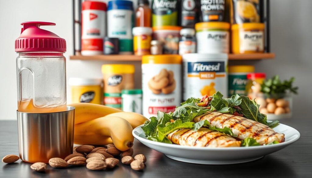 A sleek, well-lit still life featuring an assortment of nutritious, athletic-focused ingredients. In the foreground, a high-quality glass bottle filled with a vibrant, electrolyte-infused sports drink sits alongside a stainless steel shaker cup, a ripe banana, and a handful of raw almonds. In the middle ground, a plate showcases a hearty portion of grilled chicken breast and a colorful, leafy green salad dressed with a drizzle of olive oil. In the background, a shelf displays various protein powders, energy bars, and other fitness-oriented superfoods, all bathed in a soft, natural lighting that highlights their textures and colors. The overall scene conveys a sense of health, vitality, and dedication to a balanced, performance-enhancing diet.