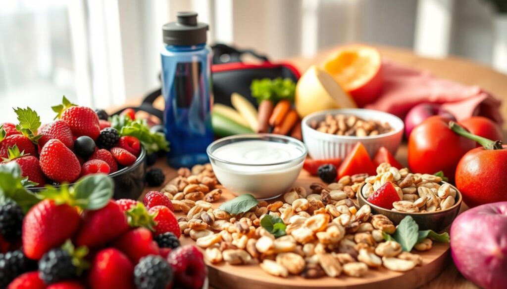 A vibrant, appetizing display of healthy snacks for an active lifestyle. In the foreground, an assortment of whole foods - juicy berries, crisp vegetables, crunchy nuts, and protein-rich Greek yogurt. The middle ground features a sleek, minimalist presentation on a wooden board, with a stylish water bottle and fitness accessories nearby, conveying a sense of wellness and vitality. The background is softly lit, with natural light filtering in, creating a warm, inviting atmosphere. The overall scene evokes a balanced, energetic lifestyle, perfect for fueling an active day. A vibrant, appetizing display of healthy snacks for an active lifestyle. In the foreground, an assortment of whole foods - juicy berries, crisp vegetables, crunchy nuts, and protein-rich Greek yogurt. The middle ground features a sleek, minimalist presentation on a wooden board, with a stylish water bottle and fitness accessories nearby, conveying a sense of wellness and vitality. The background is softly lit, with natural light filtering in, creating a warm, inviting atmosphere. The overall scene evokes a balanced, energetic lifestyle, perfect for fueling an active day.