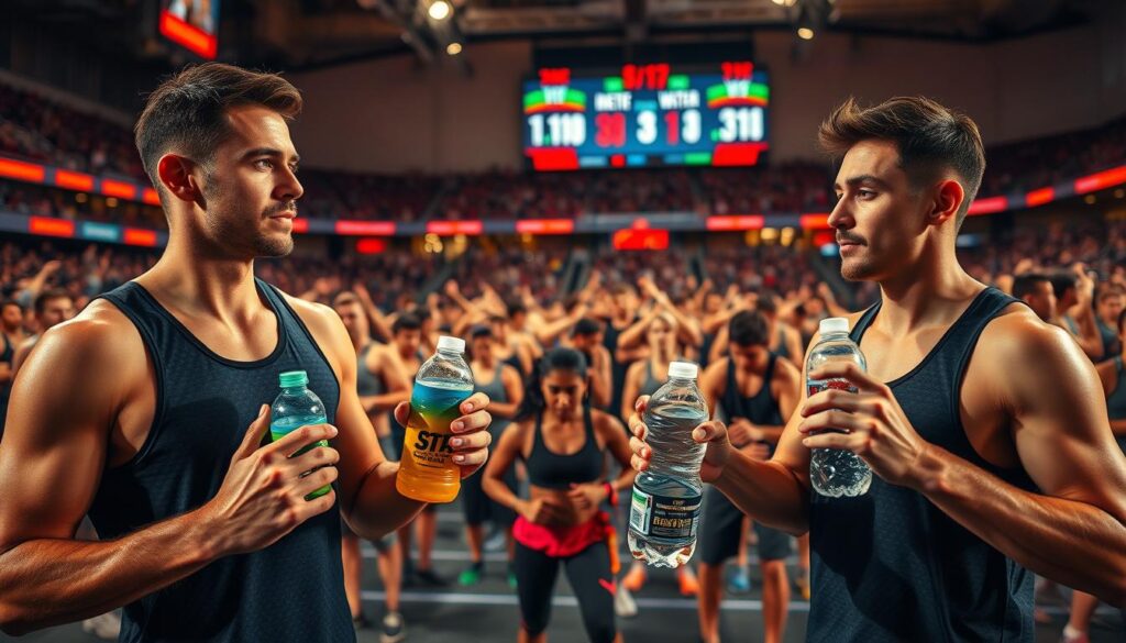 A vibrant sports arena filled with athletes hydrating during an intense workout. In the foreground, two athletes hold sports drinks and water bottles, comparing the effects on their performance. The middle ground showcases the athletes engaged in various high-intensity exercises, their faces flushed with exertion. In the background, a large scoreboard displays performance metrics, highlighting the differences between sports drink and water hydration. The lighting is warm and focused, creating a sense of energy and motion. The scene is captured with a wide-angle lens, emphasizing the dynamic interplay between the athletes and their hydration choices.