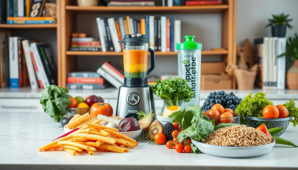 A well-lit kitchen counter showcases a variety of healthy meal options for athletic individuals. In the foreground, a selection of colorful vegetables, lean proteins, and whole grains are neatly arranged, reflecting the balanced and nutrient-dense diet essential for fueling athletic performance. In the middle ground, a blender with a vibrant smoothie and a shaker bottle filled with a sports supplement drink create a dynamic scene. The background features a bookshelf with various sports nutrition guides and cookbooks, conveying a sense of informed and intentional meal planning. The overall atmosphere is one of wellness, discipline, and a commitment to optimizing athletic potential through proper nutrition.