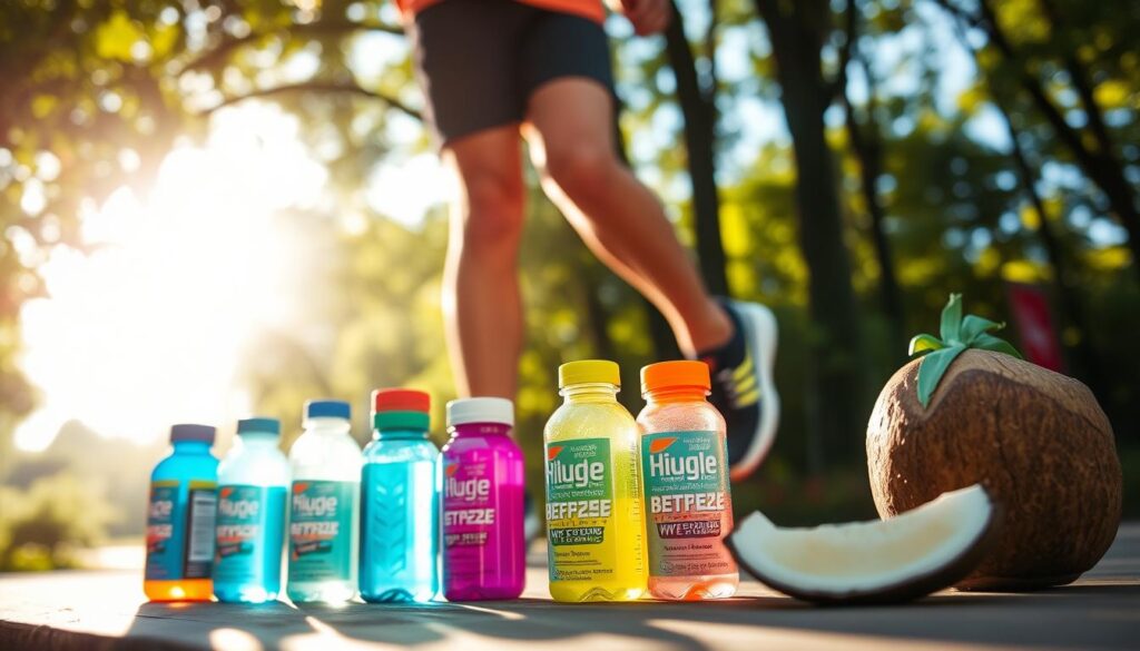Summer training hydration trends - A vibrant, dynamic scene showcasing the latest athletic hydration essentials. In the foreground, an array of colorful sports bottles, electrolyte tablets, and fresh coconut water display prominently against a blurred background. Dappled sunlight filters through lush greenery, casting a warm, energetic glow. In the middle ground, a runner's leg and running shoe hint at the active lifestyle this image represents. The overall atmosphere conveys a sense of wellness, vitality and the pursuit of peak performance through proper hydration. Captured with a wide-angle lens, the image draws the viewer into the active, health-conscious world of modern athletic training.
