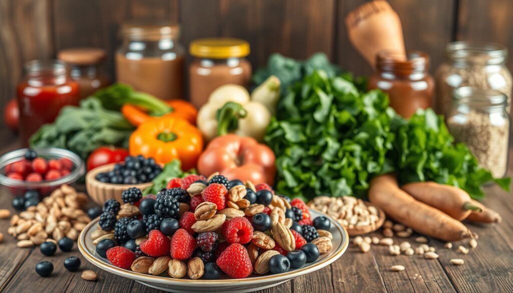 A bountiful still life of nutrient-rich superfoods arranged on a rustic wooden table, bathed in warm, golden lighting. In the foreground, a plate showcases a vibrant array of berries, nuts, and seeds - nature's energy boosters. Behind it, a variety of leafy greens, colorful peppers, and hearty sweet potatoes radiate vitality. In the background, jars of honey, nut butters, and whole grains hint at the versatility of these power-packed ingredients. The composition exudes a sense of balance, wholesomeness, and a celebration of the best foods to fuel an active lifestyle.