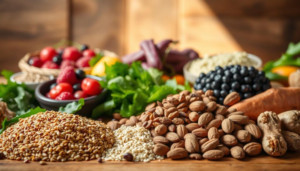 A bountiful still life showcasing the best foods for fueling an active lifestyle. In the foreground, an assortment of whole grains, legumes, and nuts arranged artfully - quinoa, brown rice, lentils, almonds, and walnuts. In the middle ground, fresh produce bursting with color - leafy greens, vibrant berries, and sweet potatoes. The background features a rustic wooden table with natural lighting casting a warm glow, evoking a sense of nourishment and vitality. The composition emphasizes the nutrient-dense, affordable, and easily accessible nature of these "superfoods" for sporty adults seeking to optimize their energy and performance.