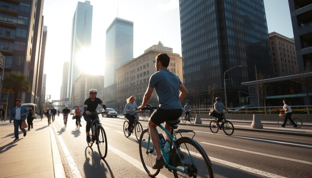 A bustling urban scene, commuters briskly navigating the city streets. In the foreground, a person jogs alongside their bicycle, effortlessly transforming their daily commute into a fitness routine. Bright morning sunlight filters through towering skyscrapers, casting long shadows that create a sense of depth and movement. In the middle ground, other pedestrians and cyclists weave through the flow of traffic, each finding creative ways to incorporate exercise into their daily lives. The background features a network of bike lanes and well-maintained sidewalks, encouraging an active, sustainable lifestyle. The overall atmosphere conveys a harmonious blend of productivity and personal wellness, inspiring the viewer to reimagine their own commute as an opportunity for physical activity.