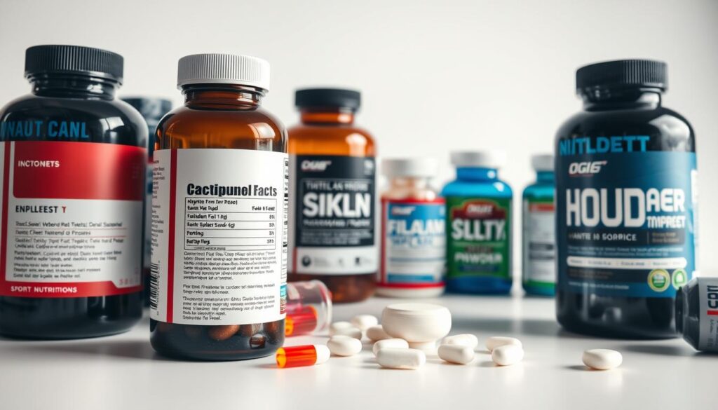 A close-up, high-resolution, macro-style photograph of several sports nutrition supplement bottles, tablets, and powders arranged neatly on a clean, minimalist white background. The lighting is soft, diffused, and evenly distributed, creating a bright, clinical, and analytical atmosphere. The bottles and containers are in focus, showcasing their labels, ingredients, and nutritional information in clear detail. The arrangement is symmetrical and visually balanced, with a sense of order and professionalism. The overall impression is one of a thorough, impartial review and analysis of these sports nutrition supplements. A close-up, high-resolution, macro-style photograph of several sports nutrition supplement bottles, tablets, and powders arranged neatly on a clean, minimalist white background. The lighting is soft, diffused, and evenly distributed, creating a bright, clinical, and analytical atmosphere. The bottles and containers are in focus, showcasing their labels, ingredients, and nutritional information in clear detail. The arrangement is symmetrical and visually balanced, with a sense of order and professionalism. The overall impression is one of a thorough, impartial review and analysis of these sports nutrition supplements.