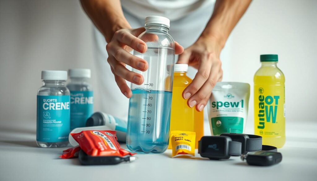 A close-up view of an athlete's hands holding a water bottle, surrounded by various sports hydration products such as electrolyte-infused drinks, energy gels, and sweat-monitoring devices. The scene is set against a clean, minimalist background, with soft, natural lighting illuminating the items. The overall mood conveys a sense of focus and attention to detail, highlighting the importance of personalized hydration strategies for optimal athletic performance.