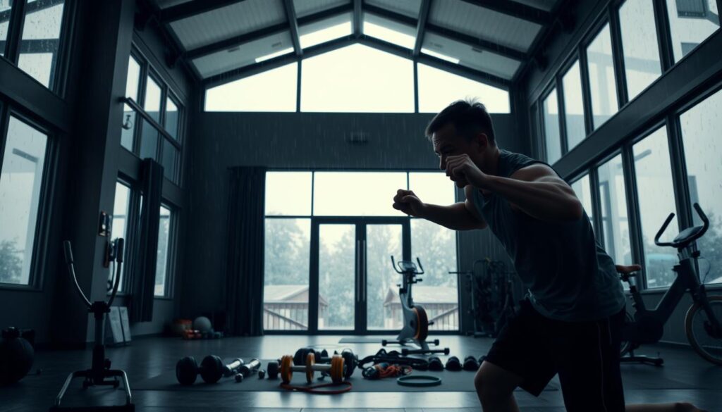 A dimly lit indoor gymnasium with high ceilings and expansive windows. In the foreground, a person vigorously performing a series of burpees, their face determined and muscles straining. In the middle ground, various fitness equipment like dumbbells, resistance bands, and a stationary bike are scattered around, suggesting a versatile workout routine. The background depicts a rainy, overcast day visible through the windows, emphasizing the weatherproof nature of this indoor setting. Soft, warm lighting illuminates the scene, creating a cozy and focused atmosphere. The overall composition conveys a sense of resilience, adaptability, and a commitment to maintaining an active lifestyle despite challenging weather conditions.