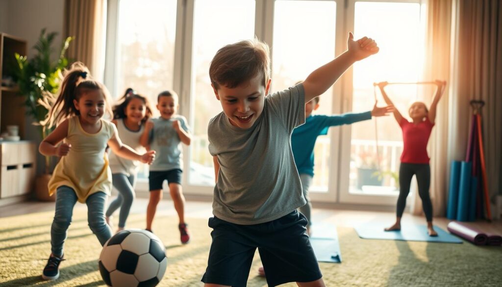A family engaging in lively indoor sports activities, bathed in warm, natural lighting that streams through large windows. In the foreground, a group of children enthusiastically playing with a soccer ball, their expressions filled with joy and energy. The middle ground showcases a parent demonstrating proper technique for a simple exercise routine, encouraging active participation. In the background, fitness equipment like yoga mats and resistance bands are neatly arranged, ready for use. The overall atmosphere is one of togetherness, playfulness, and a celebration of equipment-free, active living within the comfort of the home.