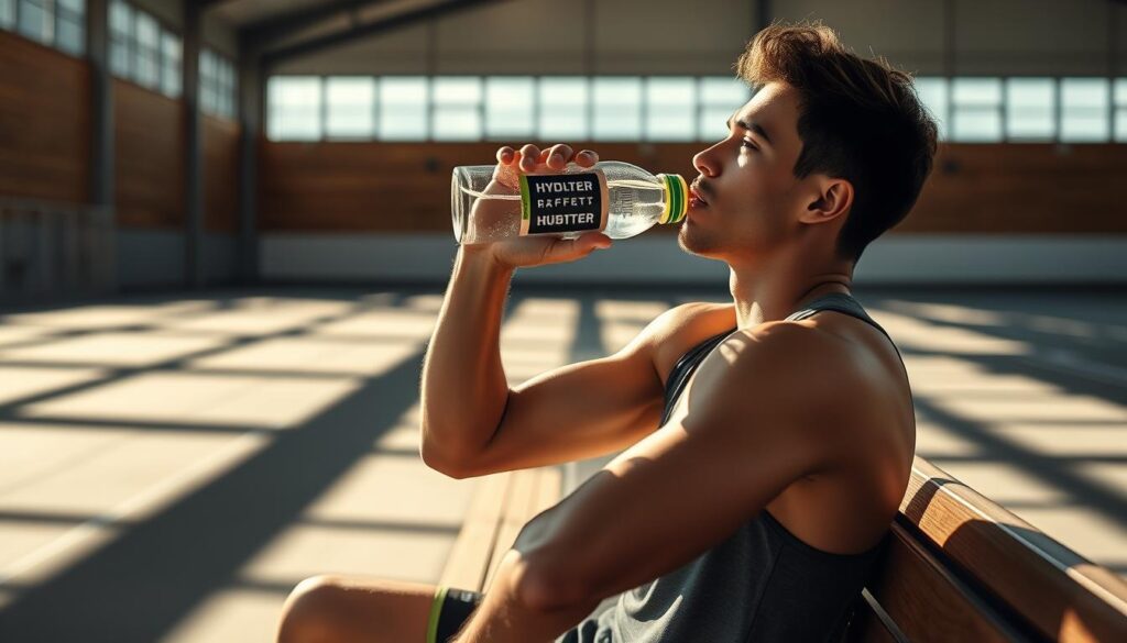 A hydrated athlete drinking from a glass bottle, seated on a wooden bench in a sun-dappled sports facility. Soft shadows fall across the scene, creating a tranquil, focused atmosphere. The bottle's label features a bold, minimalist design highlighting the importance of proper hydration for athletic performance. The athlete's expression conveys a sense of determination and control, symbolizing the ability to track and adapt one's training and nutrition for peak fitness. A hydrated athlete drinking from a glass bottle, seated on a wooden bench in a sun-dappled sports facility. Soft shadows fall across the scene, creating a tranquil, focused atmosphere. The bottle's label features a bold, minimalist design highlighting the importance of proper hydration for athletic performance. The athlete's expression conveys a sense of determination and control, symbolizing the ability to track and adapt one's training and nutrition for peak fitness.