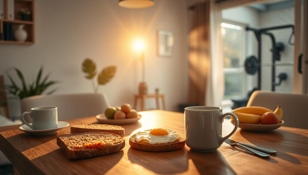 A serene morning scene, with the sun's golden rays peeking through the windows, illuminating a table set for a nutritious breakfast. On the table, an assortment of whole grain toast, scrambled eggs, fresh fruit, and a steaming mug of coffee. The room has a cozy, minimalist aesthetic, with clean lines and natural textures. The focus is on the table, with a soft, warm lighting that creates a welcoming atmosphere. In the background, a glimpse of a well-equipped home gym, hinting at the connection between a balanced breakfast and a productive workout. The overall mood is one of mindfulness, nourishment, and the optimal timing for fueling the body before a morning training session.