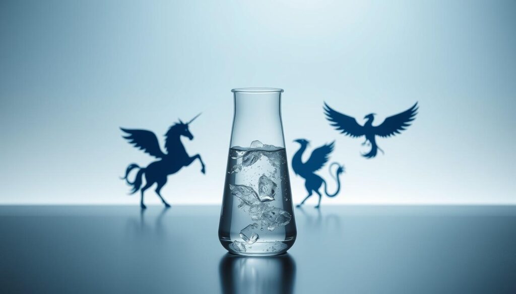 A sleek, modern laboratory setting with clean, minimalistic aesthetics. In the foreground, a glass beaker filled with crystalline water, representing the "hydration" concept. Surrounding it, a trio of mythical creature silhouettes (a unicorn, a griffin, and a phoenix) are placed, symbolizing the "myths" about hydration that will be debunked. The background features a seamless gradient of cool blues and grays, creating a sense of scientific authority and clarity. Soft, diffused lighting illuminates the scene, casting subtle shadows and highlights to enhance the three-dimensional depth. The overall mood is one of authoritative, evidence-based presentation of hydration facts, free from exaggeration or superstition.