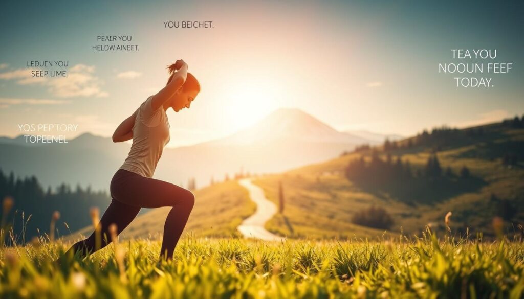 A tranquil, sunlit meadow. In the foreground, a determined athlete performing a dynamic yoga pose, their muscles taut with focused energy. Surrounding them, floating affirmations and inspirational phrases swirl, conveying a sense of mental fortitude and positive mindset. In the middle ground, a winding path leads toward a distant, snow-capped mountain peak, symbolizing the journey of personal growth and athletic achievement. Soft, diffused lighting casts a warm, motivational glow, evoking a feeling of empowerment and inner strength. The overall scene radiates a serene, meditative atmosphere, encouraging the viewer to cultivate an athletic mindset of resilience and self-belief.