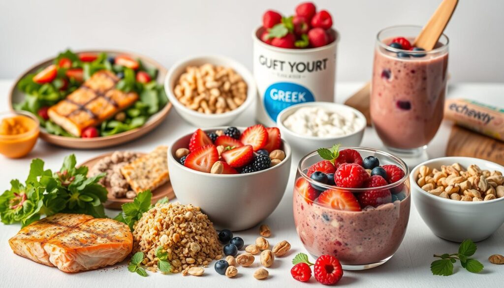 A vibrant collage of nourishing meals for the active athlete, captured in a crisp, clean studio setting. In the foreground, an array of colorful, protein-rich dishes - grilled salmon, quinoa salad, and a smoothie bowl brimming with fresh berries. The middle ground showcases various snacks like Greek yogurt, nuts, and energy bars, all arranged artfully. In the background, a neutral backdrop amplifies the vibrant hues, while soft, diffused lighting casts a warm, inviting glow. The overall composition exudes a sense of balance, vitality, and a dedication to fueling an active lifestyle. A vibrant collage of nourishing meals for the active athlete, captured in a crisp, clean studio setting. In the foreground, an array of colorful, protein-rich dishes - grilled salmon, quinoa salad, and a smoothie bowl brimming with fresh berries. The middle ground showcases various snacks like Greek yogurt, nuts, and energy bars, all arranged artfully. In the background, a neutral backdrop amplifies the vibrant hues, while soft, diffused lighting casts a warm, inviting glow. The overall composition exudes a sense of balance, vitality, and a dedication to fueling an active lifestyle.