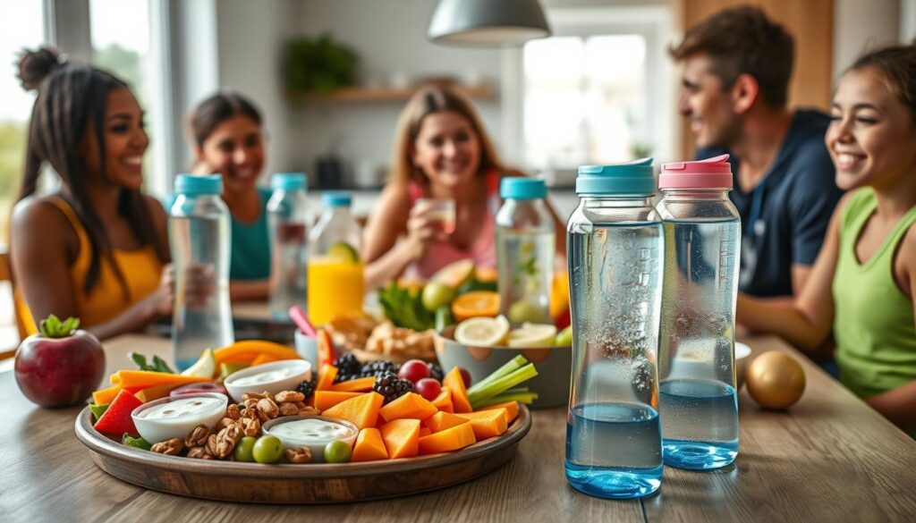 A vibrant, colorful scene of a family gathered around a table, enjoying a selection of healthy snacks and refreshments after a lively sports activity. In the foreground, a platter showcases an array of fresh fruits, crisp vegetables, and protein-rich options like nuts and yogurt-based dips. The middle ground features reusable water bottles and tall glasses filled with infused water, emphasizing the importance of hydration. In the background, a bright, airy kitchen setting with natural lighting creates a welcoming, inviting atmosphere. The overall mood is one of celebration, nourishment, and a shared appreciation for a healthy, active lifestyle.