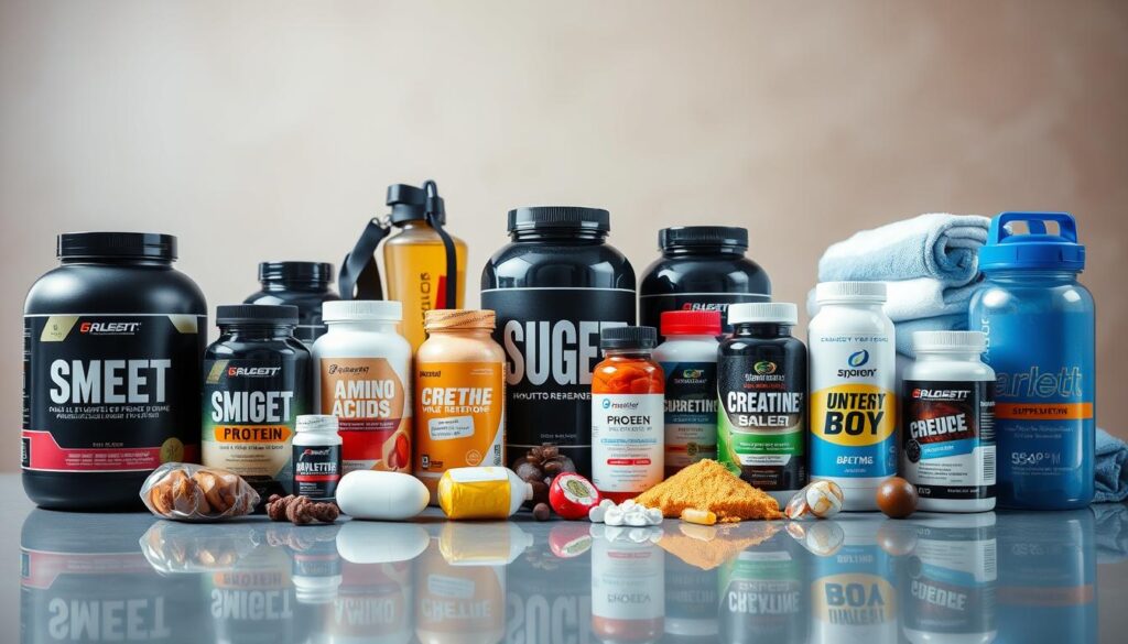 A well-lit still life arrangement showcasing an assortment of popular sports supplements. In the foreground, neatly arranged bottles and containers of protein powder, amino acids, creatine, and multivitamins sit on a sleek, reflective surface. In the middle ground, a selection of fitness-related items such as a water bottle, shaker cup, and towel provide context. The background features a minimalist, natural-toned backdrop, allowing the supplements to take center stage. The lighting is soft and diffused, highlighting the textures and branding of the products. The overall composition conveys a sense of professionalism, effectiveness, and an active, health-conscious lifestyle. A well-lit still life arrangement showcasing an assortment of popular sports supplements. In the foreground, neatly arranged bottles and containers of protein powder, amino acids, creatine, and multivitamins sit on a sleek, reflective surface. In the middle ground, a selection of fitness-related items such as a water bottle, shaker cup, and towel provide context. The background features a minimalist, natural-toned backdrop, allowing the supplements to take center stage. The lighting is soft and diffused, highlighting the textures and branding of the products. The overall composition conveys a sense of professionalism, effectiveness, and an active, health-conscious lifestyle.