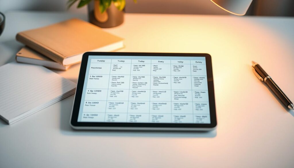 A well-organized weekly eating schedule displayed on a modern tablet device, with a clean and minimalist design. The screen shows a clear breakdown of meals, portion sizes, and nutrient information for each day of the week. The background features a soft, neutral-toned workspace with a notebook, pen, and other organizational elements, conveying a sense of productivity and focus. Warm, directional lighting creates depth and highlights the tablet's sleek lines. The overall atmosphere is one of efficiency, optimization, and a thoughtful approach to nutrition.