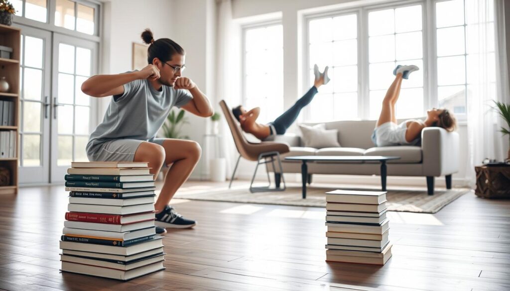 A bright, airy home gym with natural lighting filtering through large windows. In the foreground, a person performing squats using a stack of heavy books as resistance. In the middle ground, a person balancing on a sturdy chair while doing push-ups. In the background, a person doing leg raises using a couch as support. The scene exudes a sense of creativity and resourcefulness, showcasing how everyday household items can be transformed into effective workout tools. The lighting is soft and diffused, adding a warm, motivating atmosphere to the image.