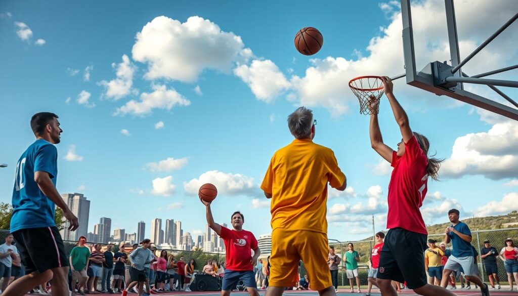 A bustling weekend micro-league game, adults of all ages engaged in a competitive yet inclusive team sport. The foreground depicts players in colorful uniforms passing, shooting, and defending on a well-lit outdoor court. In the middle ground, supportive spectators cheer from the sidelines, creating an energetic atmosphere. The background features a scenic urban landscape with towering buildings and a blue sky dotted with fluffy clouds, setting the scene for an invigorating community event. Warm, natural lighting casts a sense of vitality and camaraderie, capturing the spirit of fitness, socialization, and friendly competition that defines adult team sports. A bustling weekend micro-league game, adults of all ages engaged in a competitive yet inclusive team sport. The foreground depicts players in colorful uniforms passing, shooting, and defending on a well-lit outdoor court. In the middle ground, supportive spectators cheer from the sidelines, creating an energetic atmosphere. The background features a scenic urban landscape with towering buildings and a blue sky dotted with fluffy clouds, setting the scene for an invigorating community event. Warm, natural lighting casts a sense of vitality and camaraderie, capturing the spirit of fitness, socialization, and friendly competition that defines adult team sports.