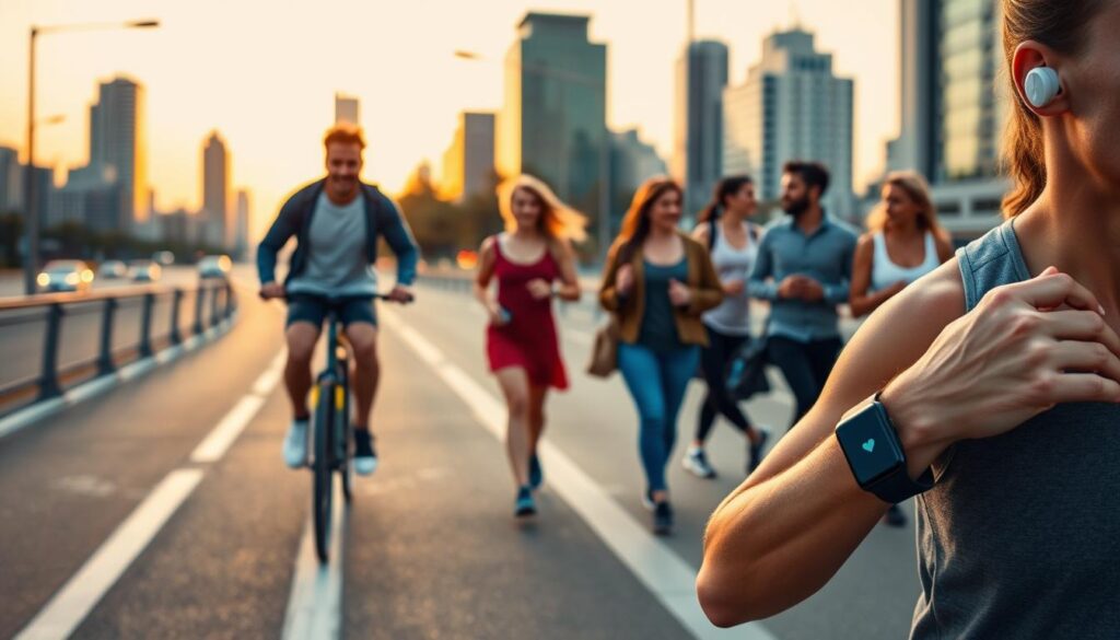 A busy cityscape at dusk, with a jogger in the foreground wearing a sleek fitness tracker, heart rate monitor, and wireless earbuds. In the middle ground, a cyclist checks the stats on their smartwatch while navigating the bike lane. In the background, a group of friends walking briskly, their steps tracked by their stylish activity-tracking wristbands. The scene is bathed in warm, golden light, conveying a sense of health, energy, and the seamless integration of technology into everyday fitness routines.