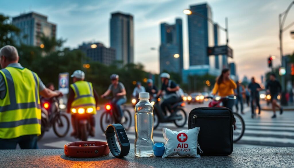 A busy urban intersection at dusk, with people commuting by bike, scooter, and on foot. In the foreground, a well-lit display of essential safety gear - reflective vests, blinking lights, and a stylish bicycle helmet. The middle ground features a fitness tracker, water bottle, and compact first-aid kit, ready for an active journey. The background is a blur of skyscrapers and street lamps, conveying a sense of dynamic movement and the need for visibility and preparedness. Soft, warm lighting illuminates the scene, creating a welcoming and empowering atmosphere for urban fitness enthusiasts. A busy urban intersection at dusk, with people commuting by bike, scooter, and on foot. In the foreground, a well-lit display of essential safety gear - reflective vests, blinking lights, and a stylish bicycle helmet. The middle ground features a fitness tracker, water bottle, and compact first-aid kit, ready for an active journey. The background is a blur of skyscrapers and street lamps, conveying a sense of dynamic movement and the need for visibility and preparedness. Soft, warm lighting illuminates the scene, creating a welcoming and empowering atmosphere for urban fitness enthusiasts.