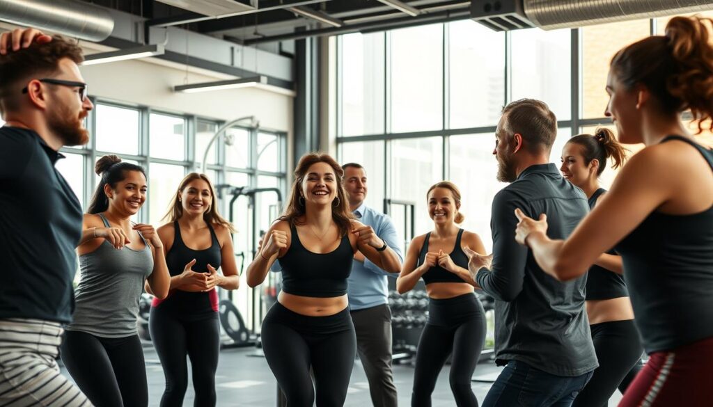 A diverse group of professionals enthusiastically participating in a corporate fitness challenge. In the foreground, employees in athletic wear engage in team-building exercises, their expressions conveying a sense of camaraderie and determination. In the middle ground, a fitness instructor guides the group, demonstrating proper form and technique. The background features a modern, well-equipped office gym with sleek equipment and natural lighting streaming in through large windows, creating a motivating and energizing atmosphere. The overall scene captures the essence of a thriving corporate culture that prioritizes employee well-being and encourages a healthy, active lifestyle. A diverse group of professionals enthusiastically participating in a corporate fitness challenge. In the foreground, employees in athletic wear engage in team-building exercises, their expressions conveying a sense of camaraderie and determination. In the middle ground, a fitness instructor guides the group, demonstrating proper form and technique. The background features a modern, well-equipped office gym with sleek equipment and natural lighting streaming in through large windows, creating a motivating and energizing atmosphere. The overall scene captures the essence of a thriving corporate culture that prioritizes employee well-being and encourages a healthy, active lifestyle.