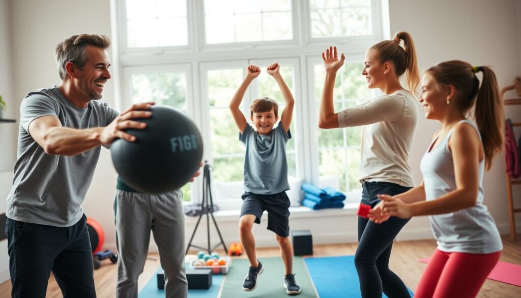 A family of four - two parents, a son, and a daughter - engaging in a variety of fitness activities in a bright, airy home. In the foreground, the parents playfully toss a medicine ball back and forth, their faces filled with laughter. The children, in the middle ground, perform jumping jacks and squats, their expressions focused and determined. The background features a selection of fitness equipment, including resistance bands and yoga mats, against a backdrop of large windows letting in natural light. The scene exudes a sense of togetherness, camaraderie, and a shared commitment to health and wellness.