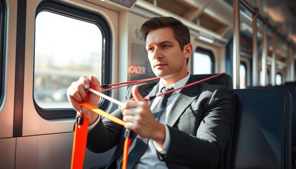 A person in business attire is seated in a train or subway car, performing focused core exercises using a resistance band. The lighting is bright and natural, as if captured through the window. The background is blurred, conveying a sense of motion and the commuting environment. The person's expression is determined, showcasing their dedication to squeezing in a productive workout during their journey. The scene captures the essence of transforming an otherwise idle commute into an opportunity for fitness and self-improvement.